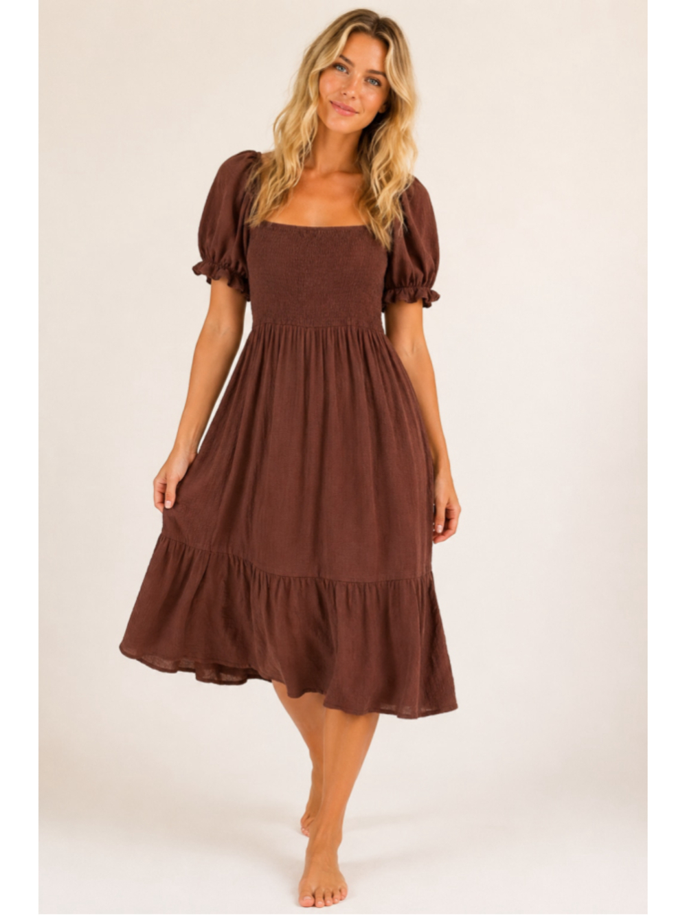 100% Cotton Smocked Midi Dress Cottagecore Prairie Boho Romantic Chocolate Brown
